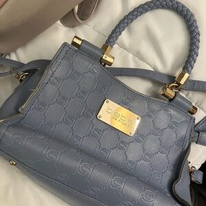 Bebe Embossed Satchel in Blue with Gold Accents